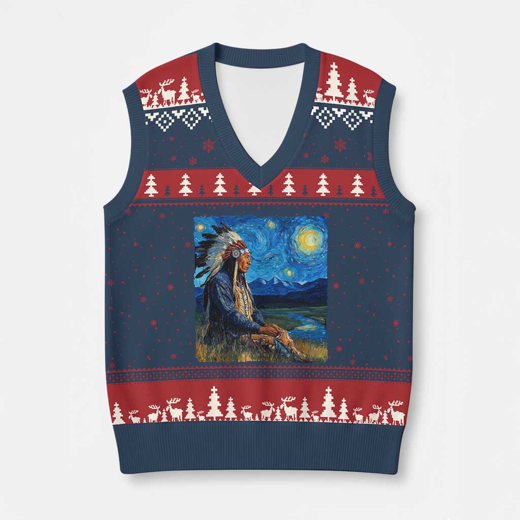 Native American Indian Van Goghs Starry Night V-Neck Knit Sweater Vest TS11 Navy Red Print Your Wear