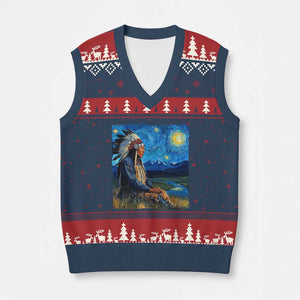 Native American Indian Van Goghs Starry Night V-Neck Knit Sweater Vest - Print Your Wear