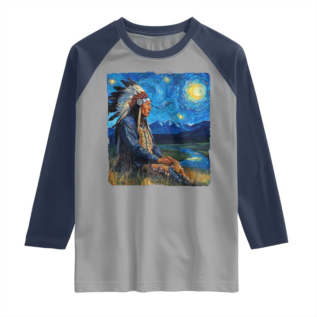 Native American Indian Van Goghs Starry Night Raglan Shirt TS11 Sport Gray Navy Print Your Wear