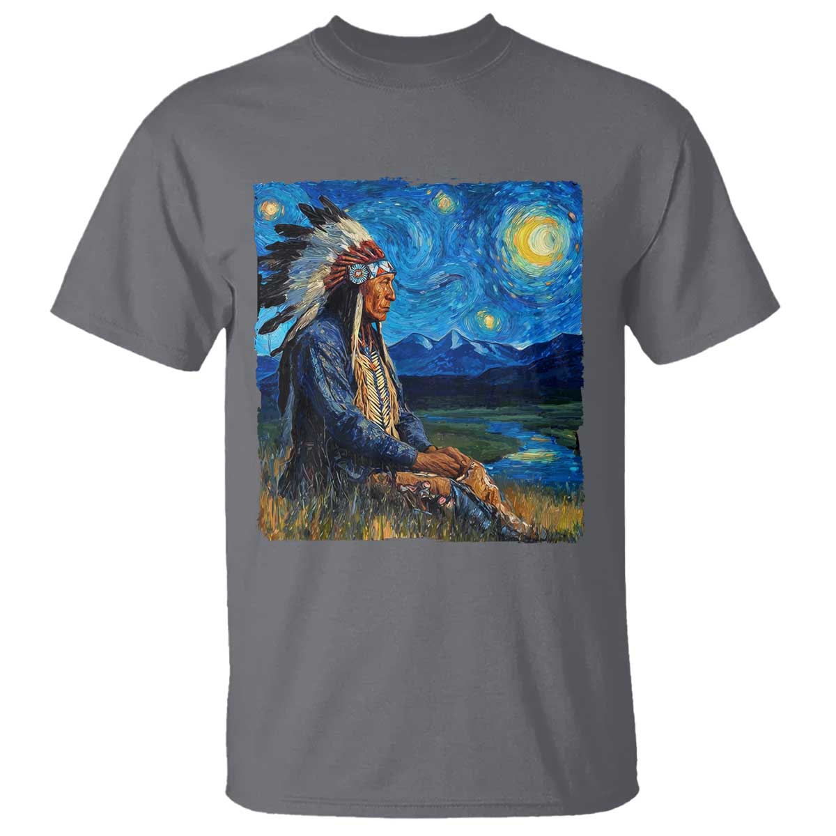 Native American Indian Van Goghs Starry Night T Shirt TS11 Charcoal Print Your Wear