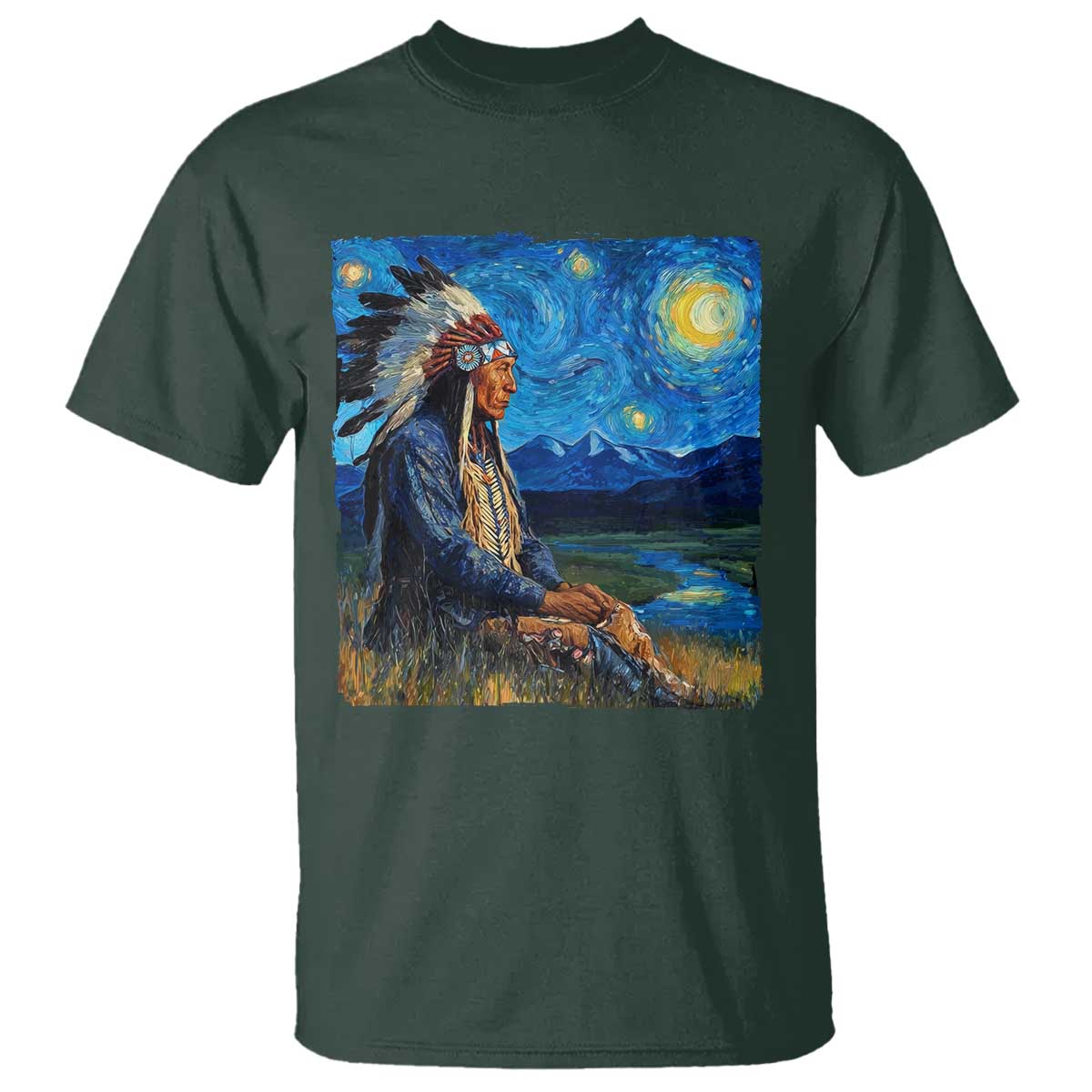 Native American Indian Van Goghs Starry Night T Shirt TS11 Dark Forest Green Print Your Wear