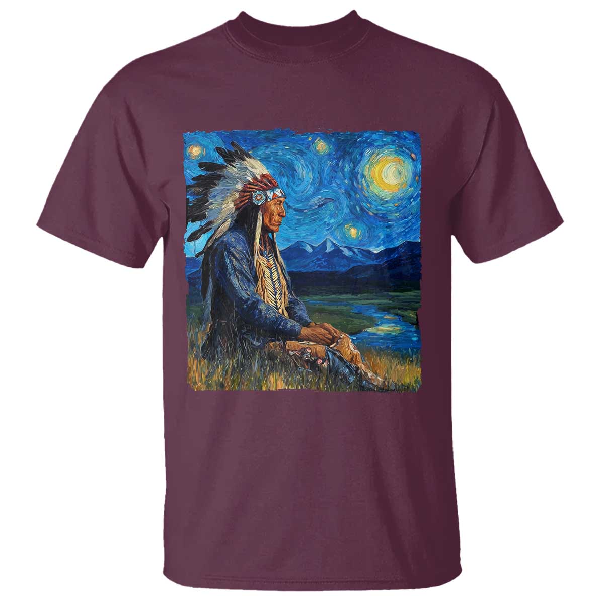 Native American Indian Van Goghs Starry Night T Shirt TS11 Maroon Print Your Wear