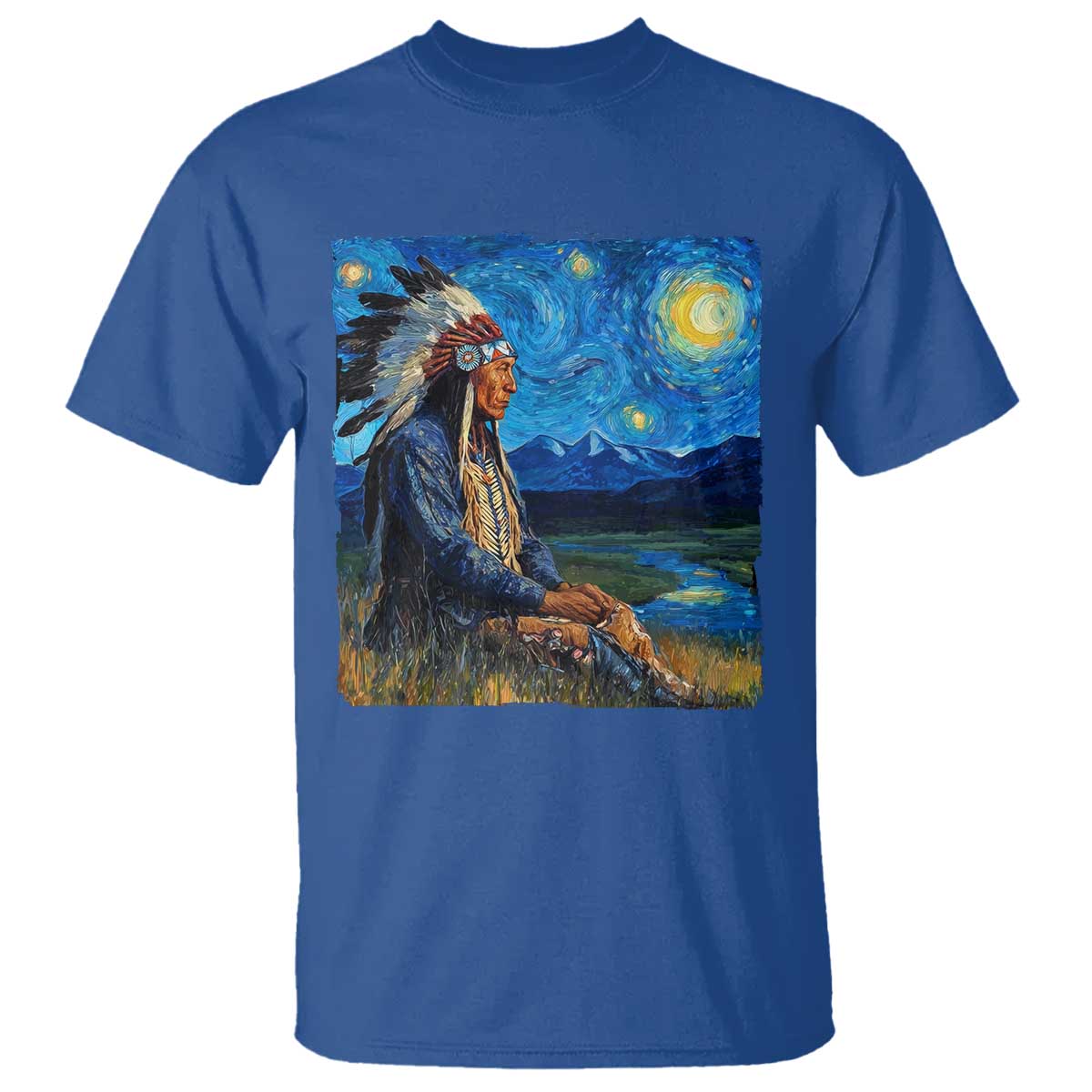 Native American Indian Van Goghs Starry Night T Shirt TS11 Royal Blue Print Your Wear