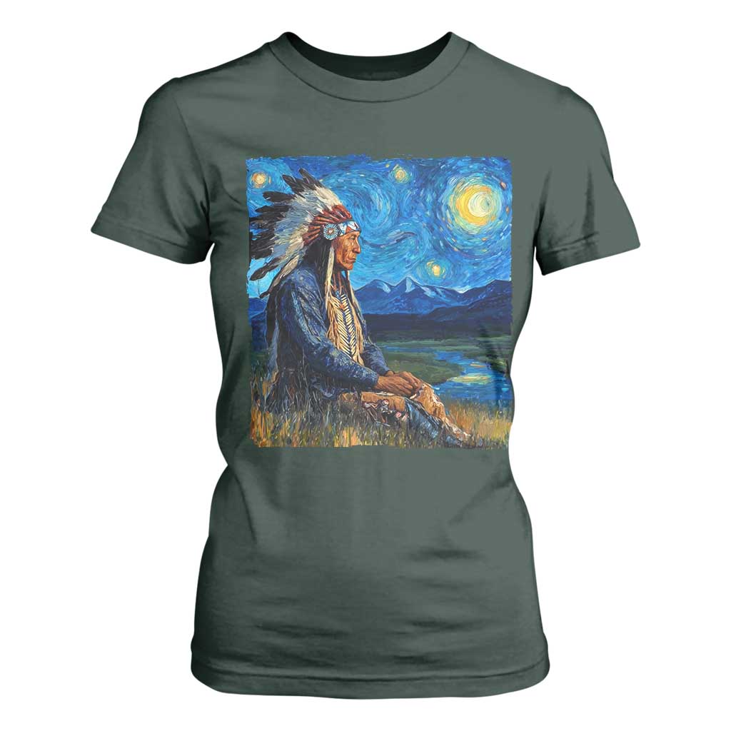 Native American Indian Van Goghs Starry Night T Shirt For Women TS11 Dark Forest Green Print Your Wear