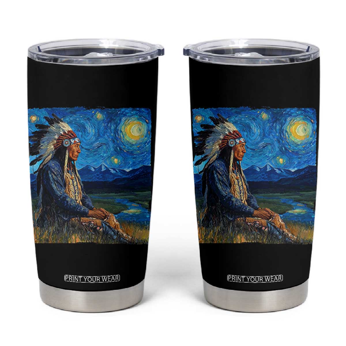 Native American Indian Van Goghs Starry Night Tumbler Cup TS11 Black Print Your Wear