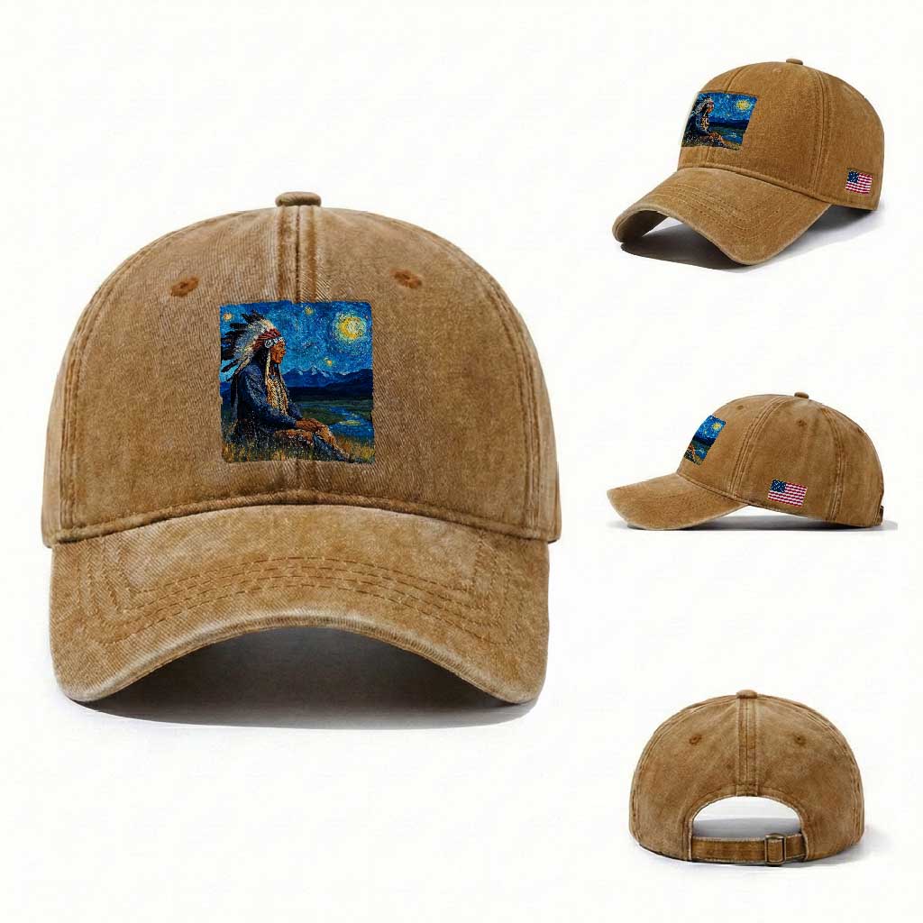 Native American Indian Van Goghs Starry Night Washed Cotton Baseball Cap