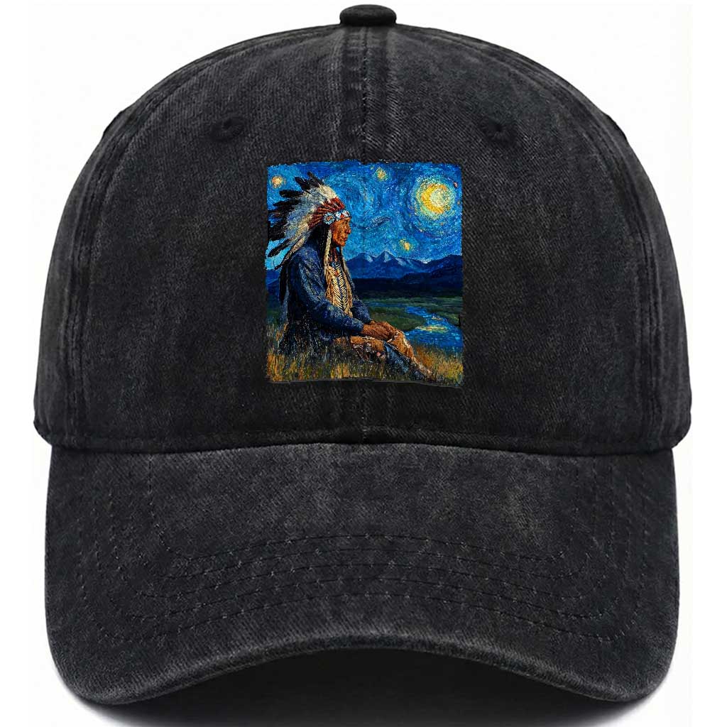 Native American Indian Van Goghs Starry Night Washed Cotton Baseball Cap TS11 Print Your Wear
