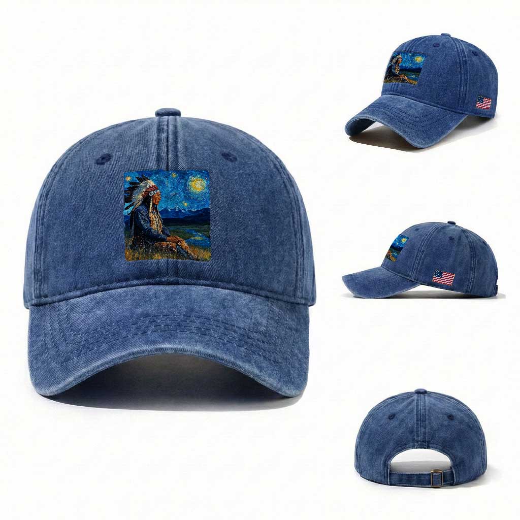 Native American Indian Van Goghs Starry Night Washed Cotton Baseball Cap