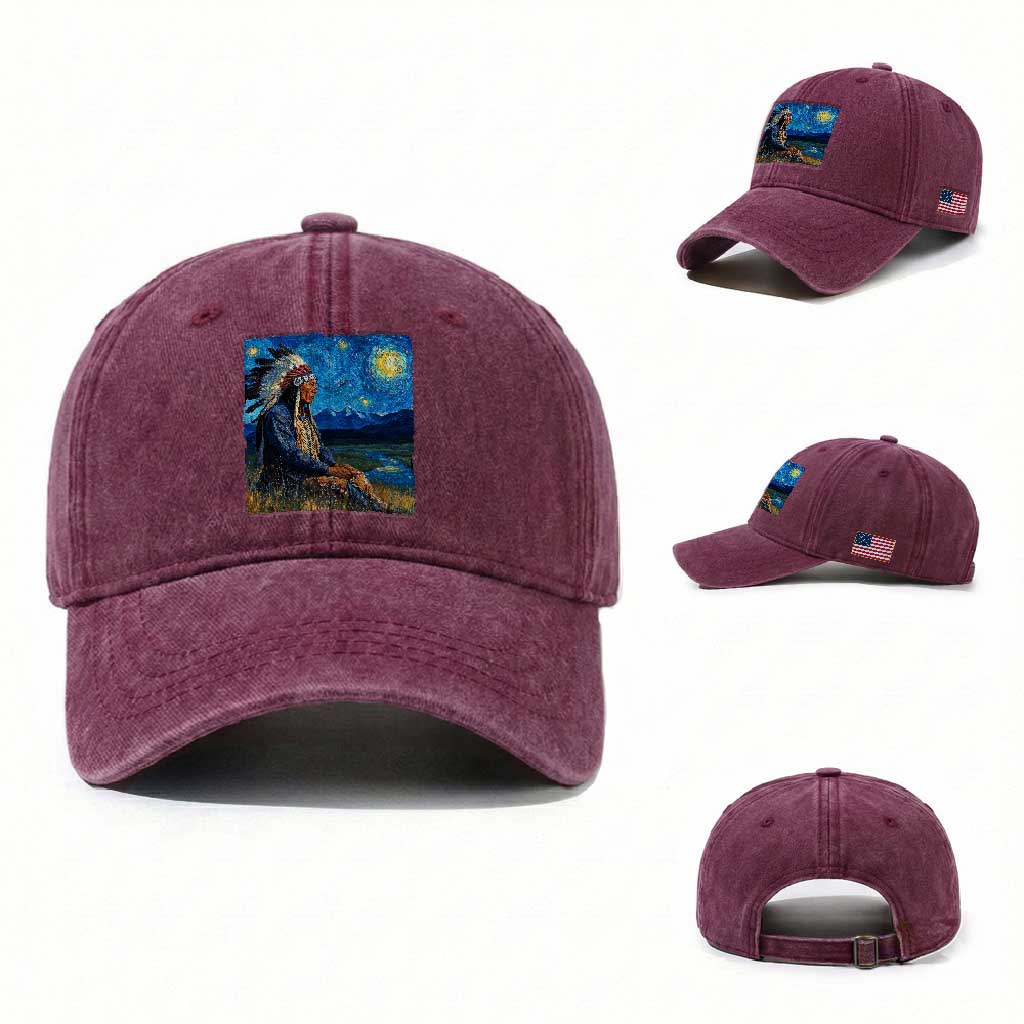 Native American Indian Van Goghs Starry Night Washed Cotton Baseball Cap