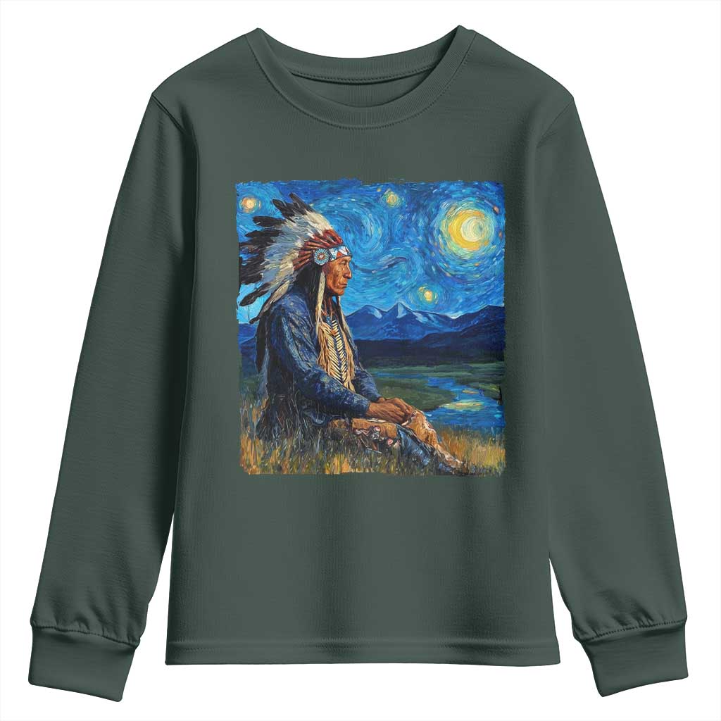 Native American Indian Van Goghs Starry Night Youth Sweatshirt TS11 Dark Forest Green Print Your Wear