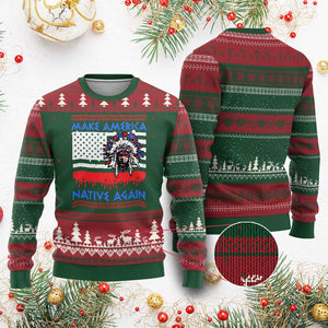 Make America Native Again Ugly Christmas Sweater Native Indian Pride USA Flag - Print Your Wear