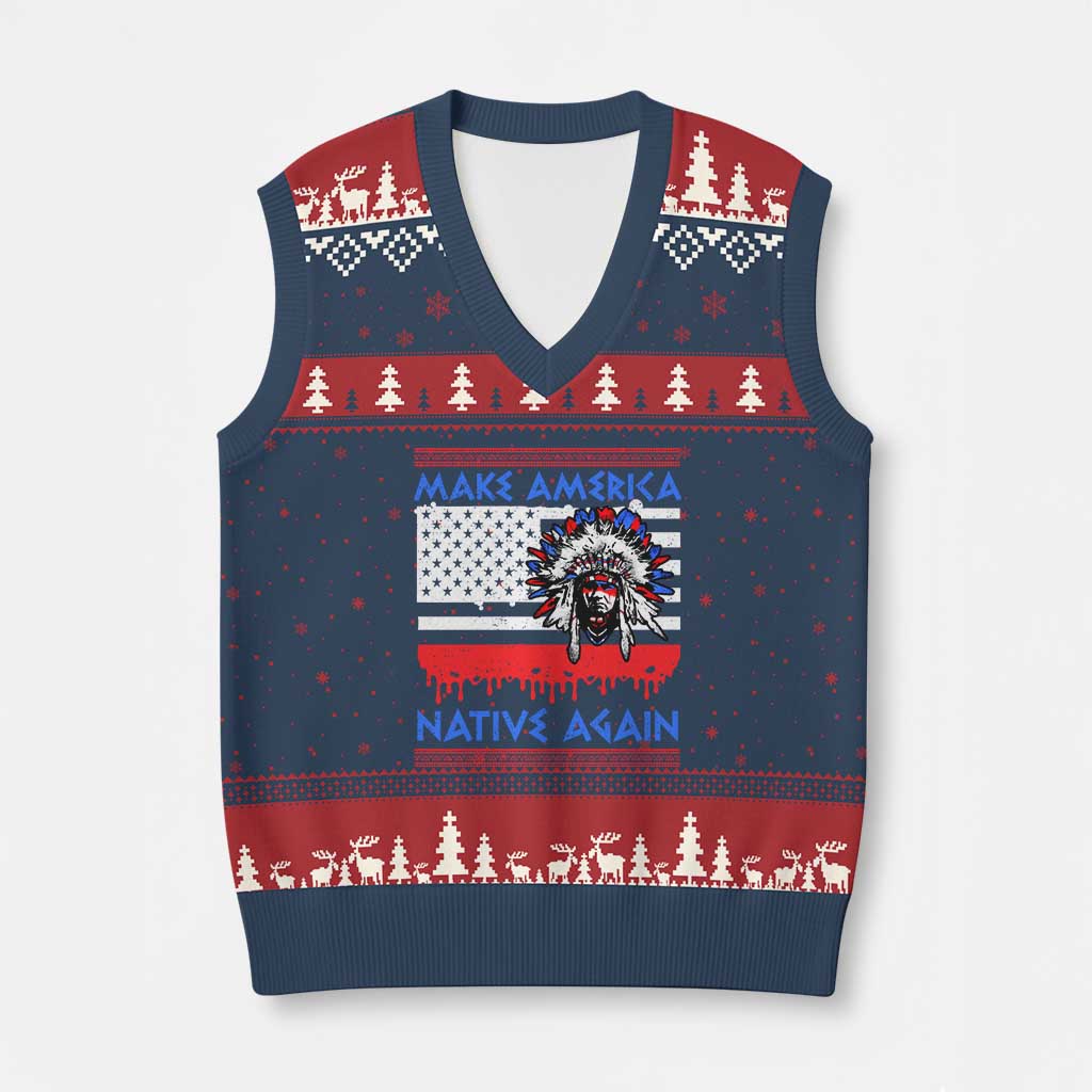 Make America Native Again V-Neck Knit Sweater Vest Native Indian Pride USA Flag - Print Your Wear