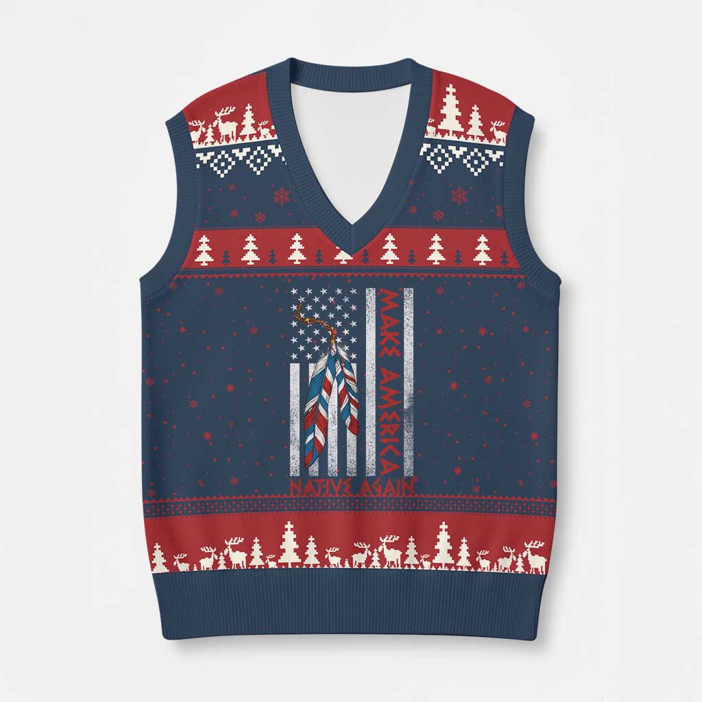 Make America Native Again V-Neck Knit Sweater Vest Indigenous Peoples Day USA Flag - Print Your Wear