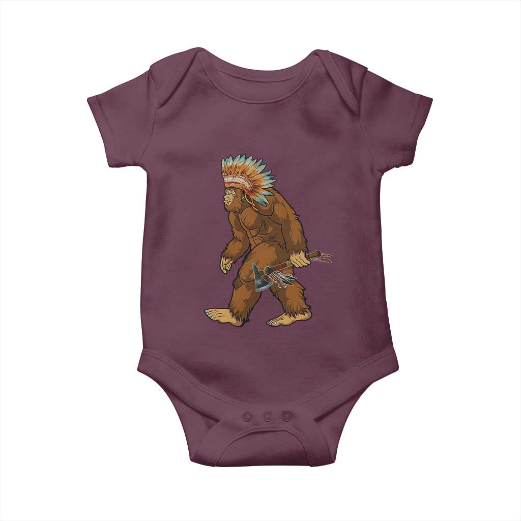 Funny Bigfoot American Indian Native Sasquatch Tomahawk Baby Onesie TS11 Maroon Print Your Wear