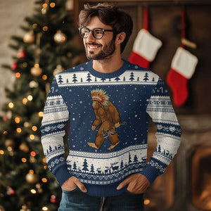 Funny Bigfoot American Indian Native Sasquatch Tomahawk Ugly Christmas Sweater TS11 Navy Beige Print Your Wear