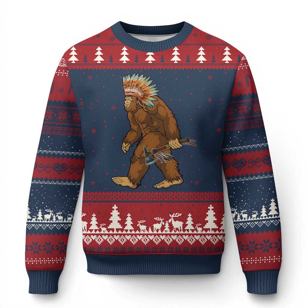 Funny Bigfoot American Indian Native Sasquatch Tomahawk Ugly Christmas Sweater TS11 Navy Red Print Your Wear