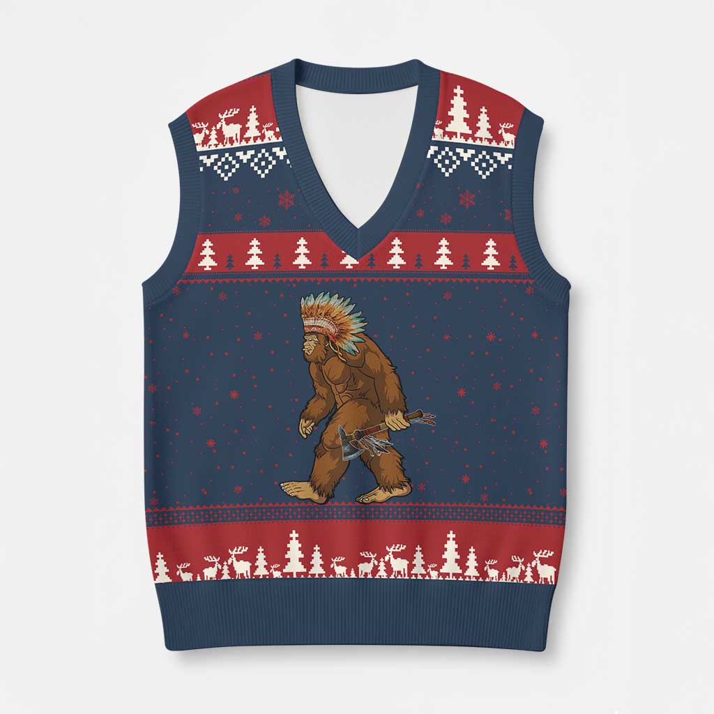 Funny Bigfoot American Indian Native Sasquatch Tomahawk V-Neck Knit Sweater Vest TS11 Navy Red Print Your Wear