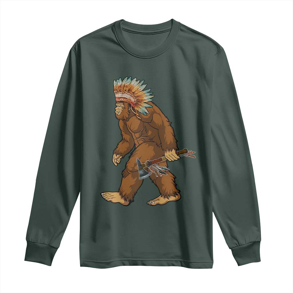 Funny Bigfoot American Indian Native Sasquatch Tomahawk Long Sleeve Shirt TS11 Dark Forest Green Print Your Wear