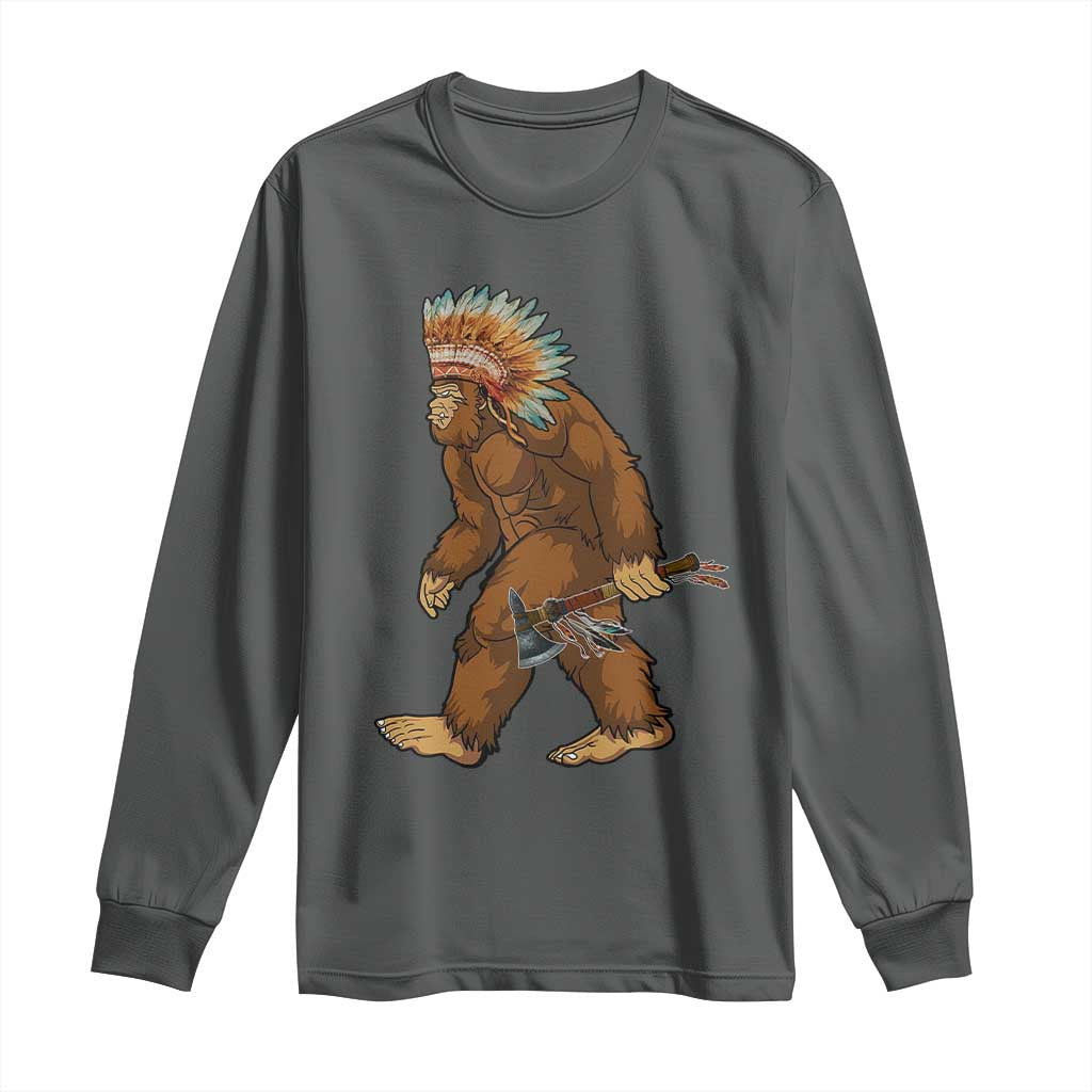 Funny Bigfoot American Indian Native Sasquatch Tomahawk Long Sleeve Shirt TS11 Dark Heather Print Your Wear