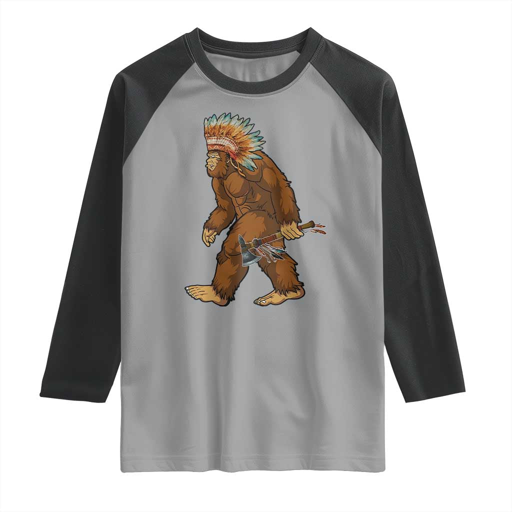 Funny Bigfoot American Indian Native Sasquatch Tomahawk Raglan Shirt TS11 Sport Gray Black Print Your Wear