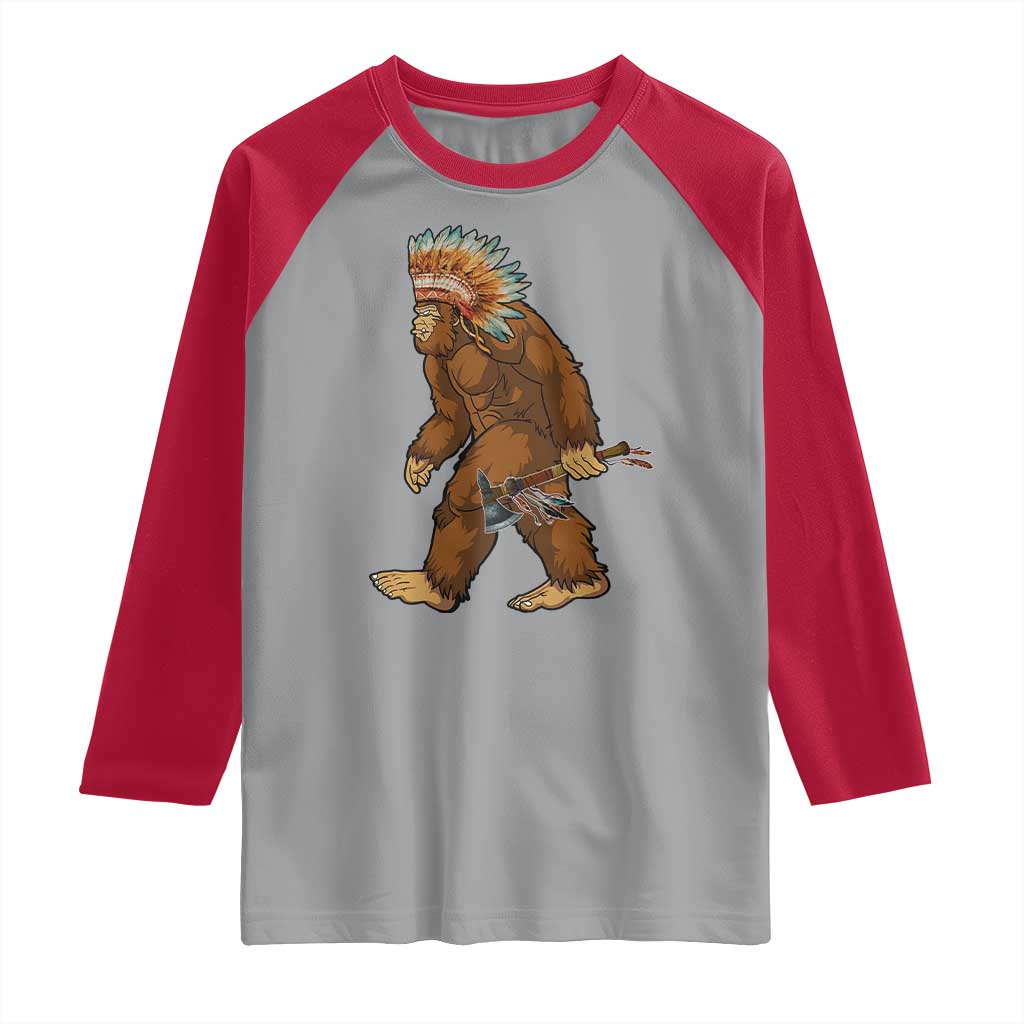 Funny Bigfoot American Indian Native Sasquatch Tomahawk Raglan Shirt TS11 Sport Gray Red Print Your Wear