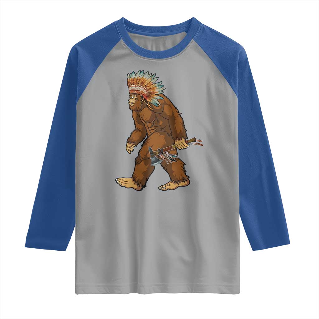 Funny Bigfoot American Indian Native Sasquatch Tomahawk Raglan Shirt TS11 Sport Gray Royal Print Your Wear