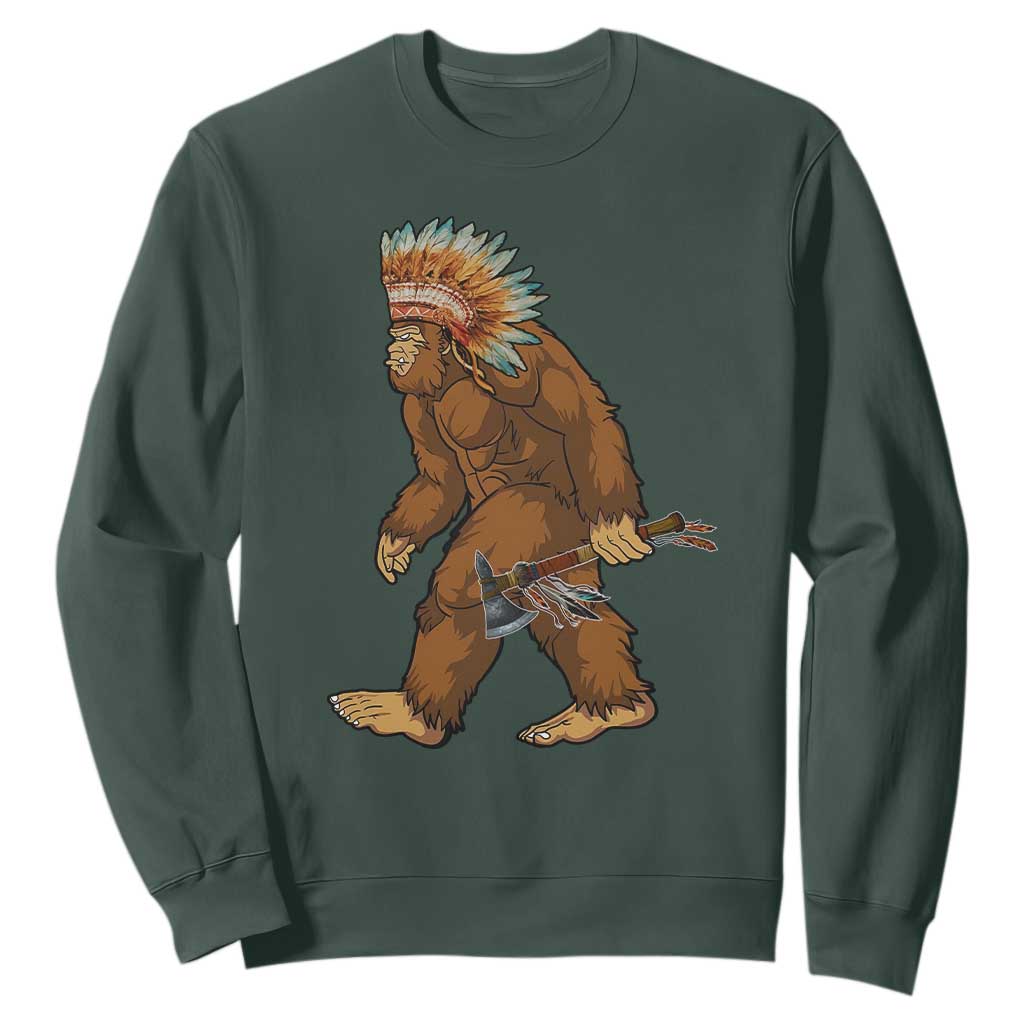 Funny Bigfoot American Indian Native Sasquatch Tomahawk Sweatshirt TS11 Dark Forest Green Print Your Wear
