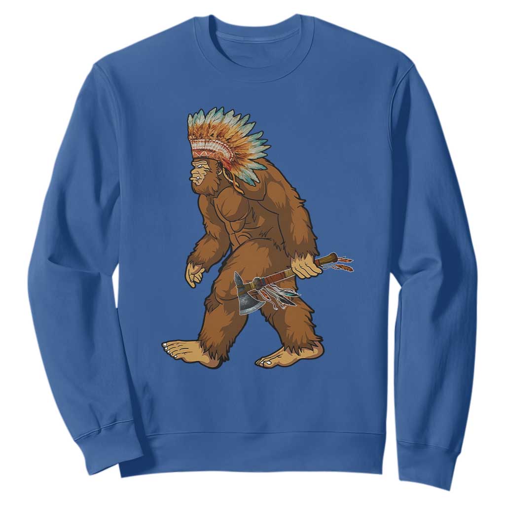 Funny Bigfoot American Indian Native Sasquatch Tomahawk Sweatshirt TS11 Royal Blue Print Your Wear