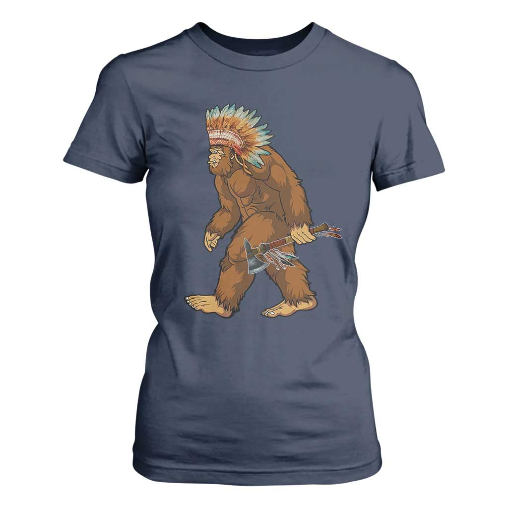 Funny Bigfoot American Indian Native Sasquatch Tomahawk T Shirt For Women TS11 Navy Print Your Wear