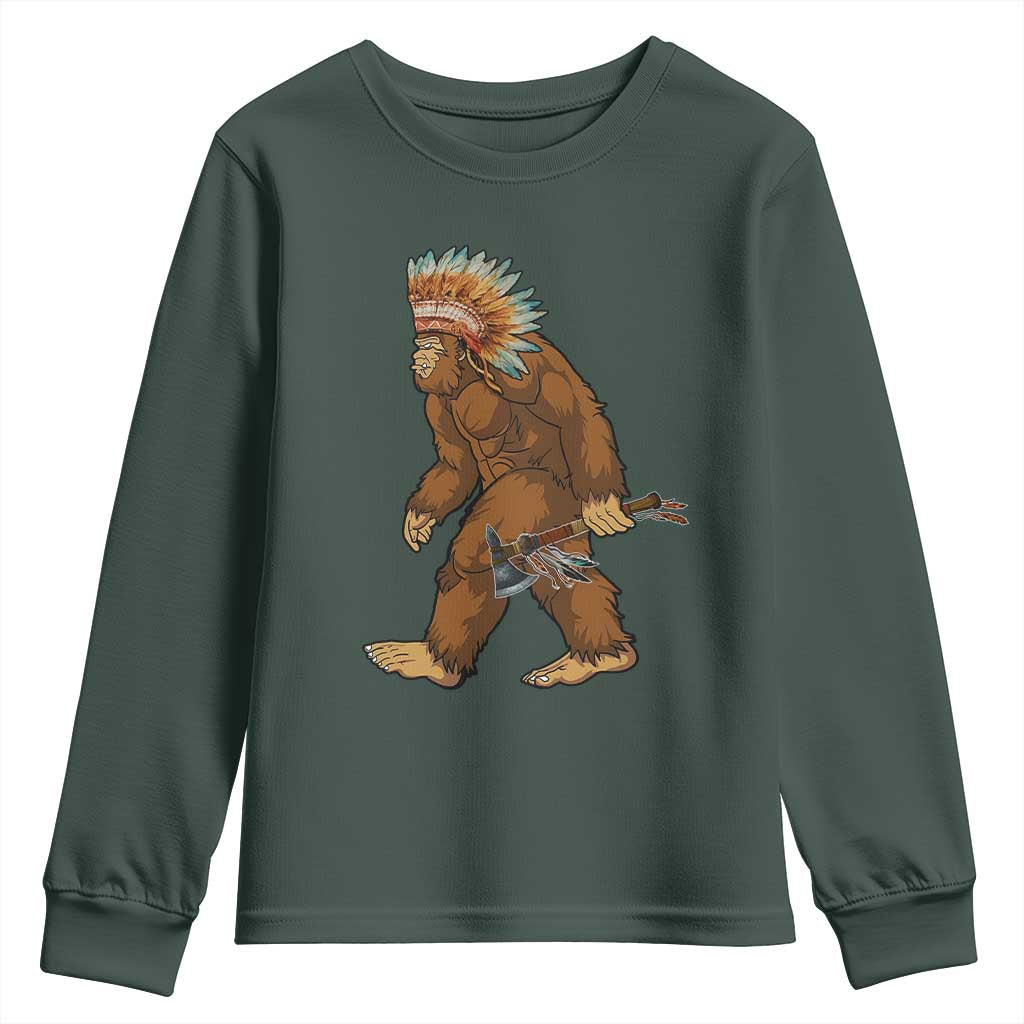 Funny Bigfoot American Indian Native Sasquatch Tomahawk Youth Sweatshirt TS11 Dark Forest Green Print Your Wear