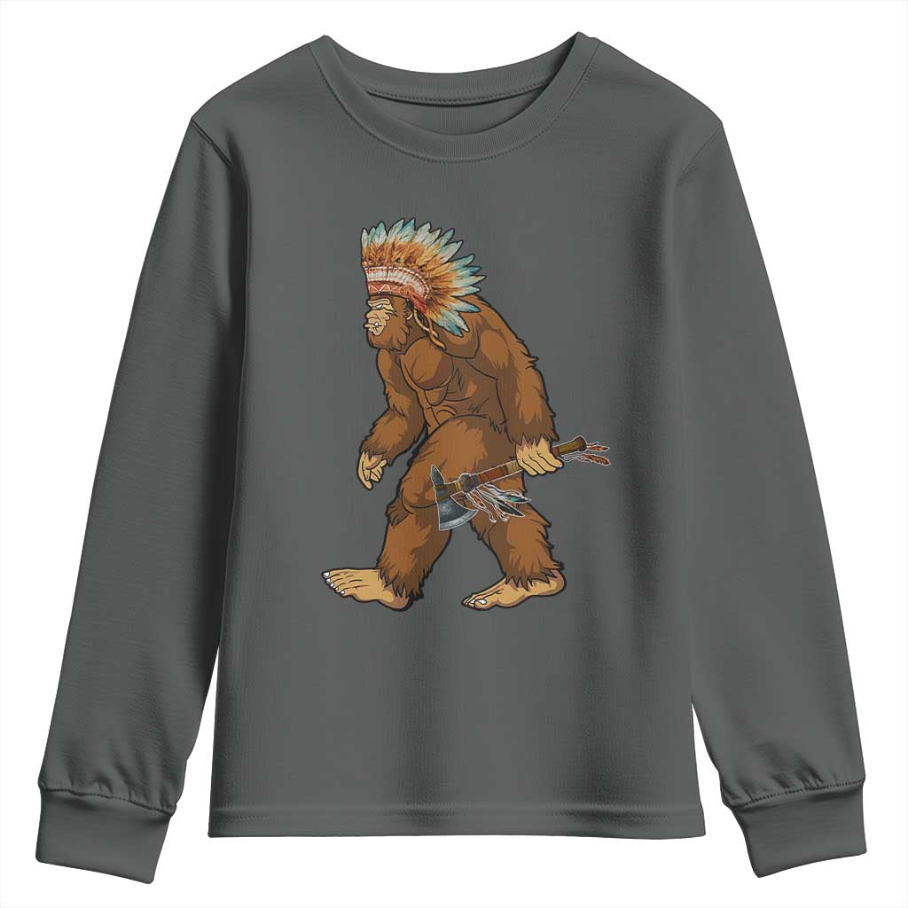 Funny Bigfoot American Indian Native Sasquatch Tomahawk Youth Sweatshirt TS11 Dark Heather Print Your Wear