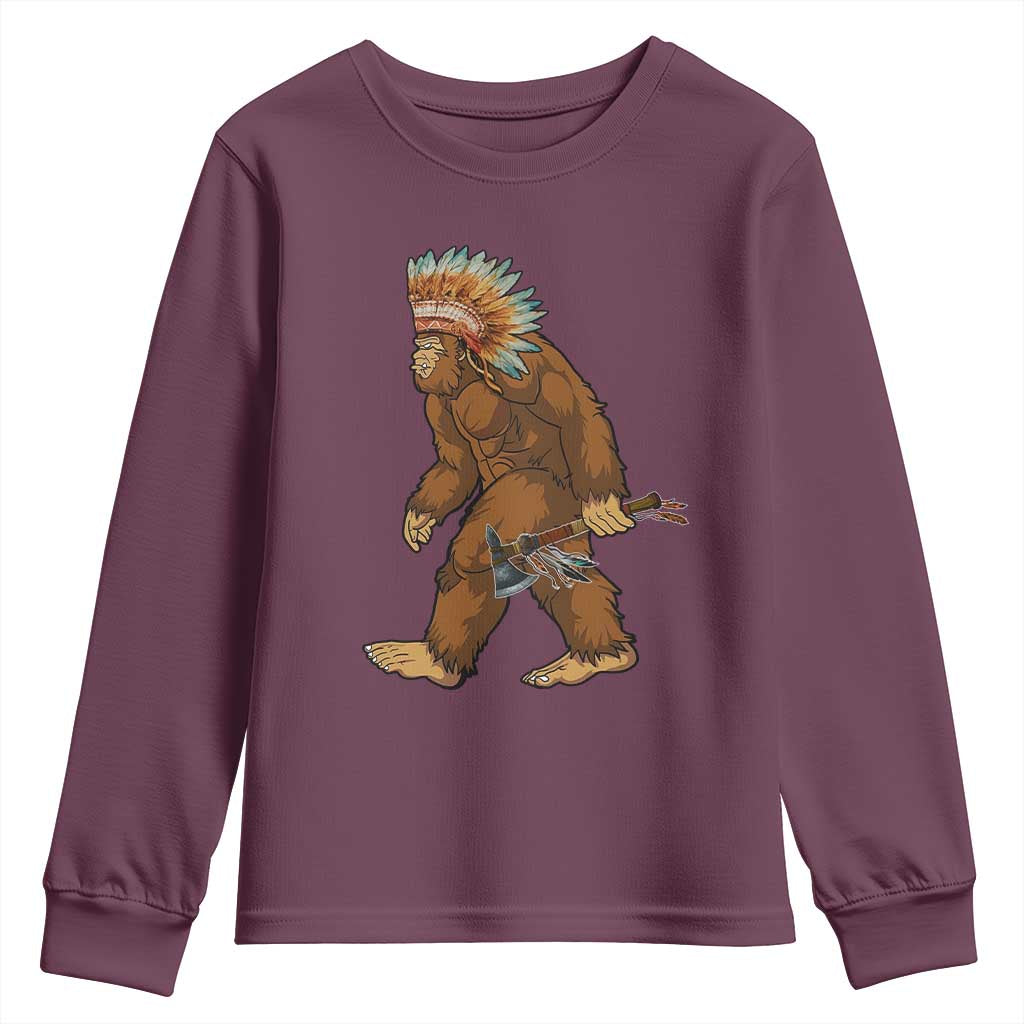 Funny Bigfoot American Indian Native Sasquatch Tomahawk Youth Sweatshirt TS11 Maroon Print Your Wear