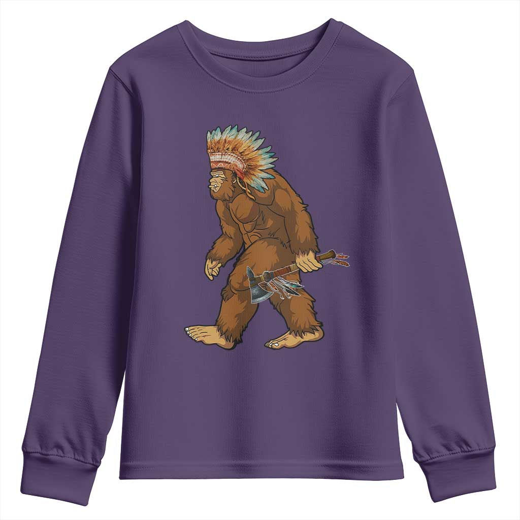 Funny Bigfoot American Indian Native Sasquatch Tomahawk Youth Sweatshirt TS11 Purple Print Your Wear