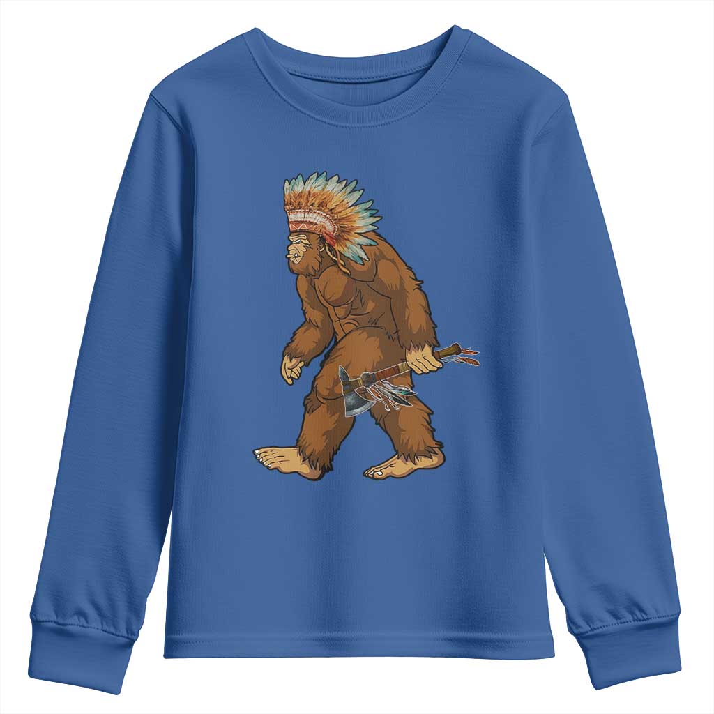 Funny Bigfoot American Indian Native Sasquatch Tomahawk Youth Sweatshirt TS11 Royal Blue Print Your Wear