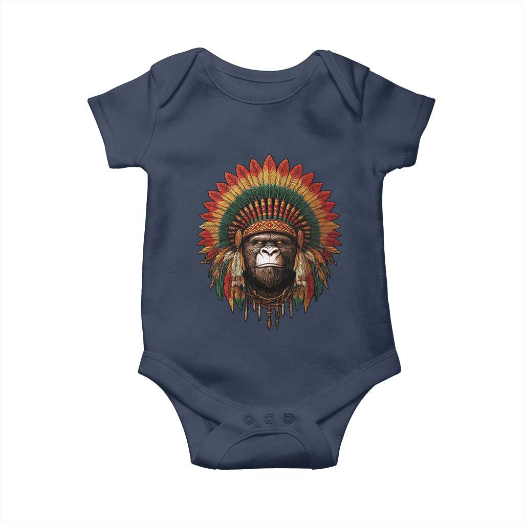 Bigfoot Native American Chief Sasquatch Wearing Headdress Baby Onesie TS11 Navy Print Your Wear