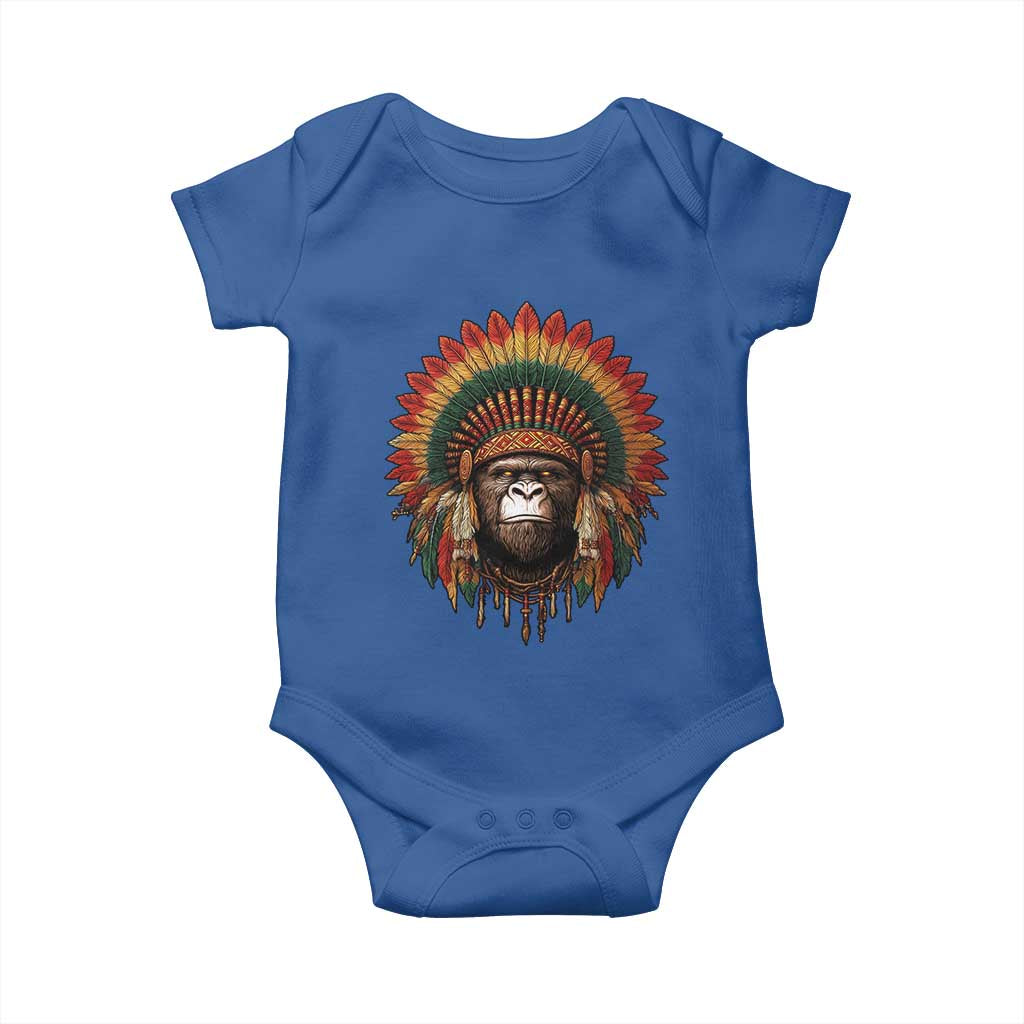 Bigfoot Native American Chief Sasquatch Wearing Headdress Baby Onesie TS11 Royal Blue Print Your Wear