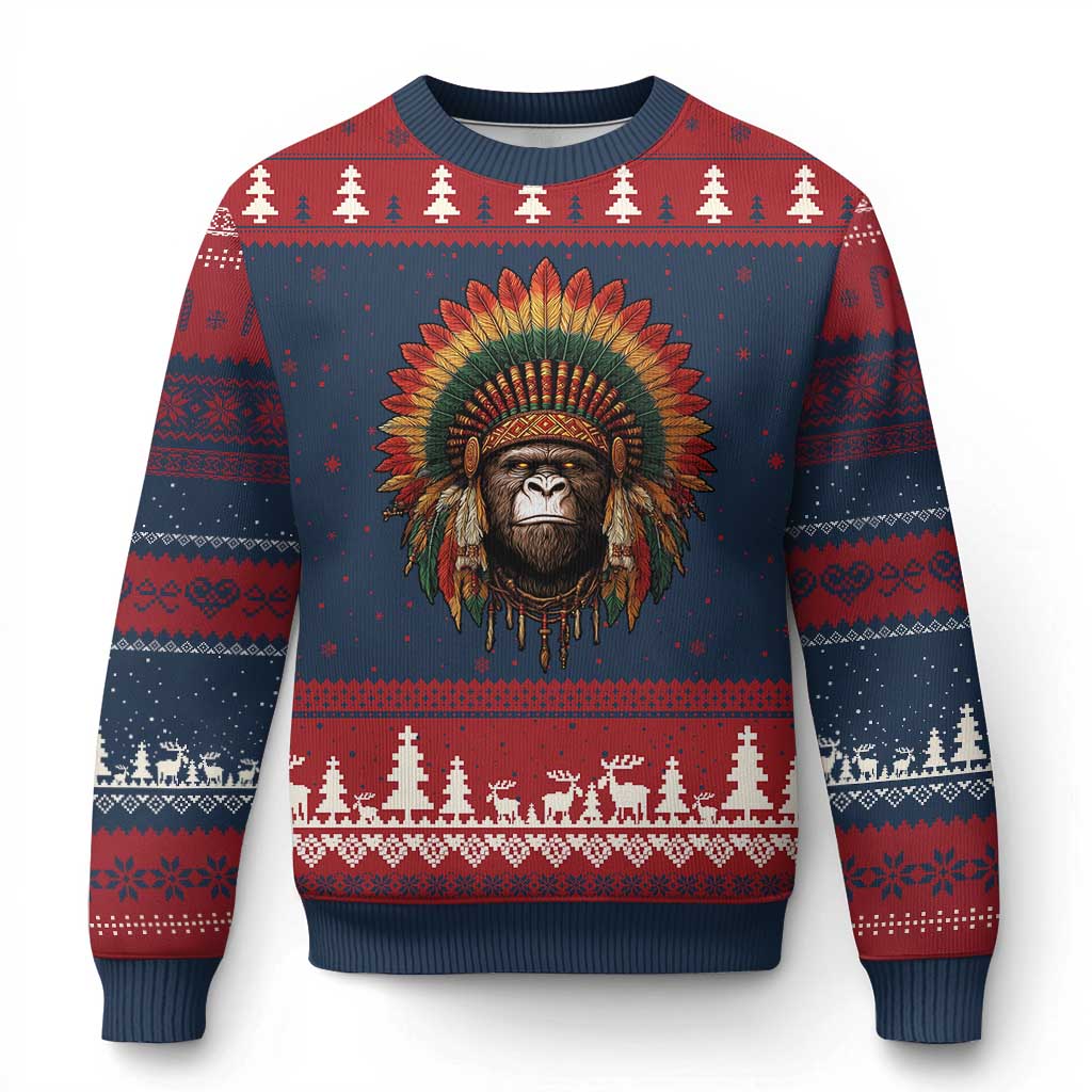 Bigfoot Native American Chief Sasquatch Wearing Headdress Ugly Christmas Sweater TS11 Navy Red Print Your Wear