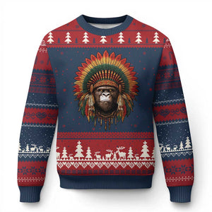 Bigfoot Native American Chief Sasquatch Wearing Headdress Ugly Christmas Sweater TS11 Navy Red Print Your Wear