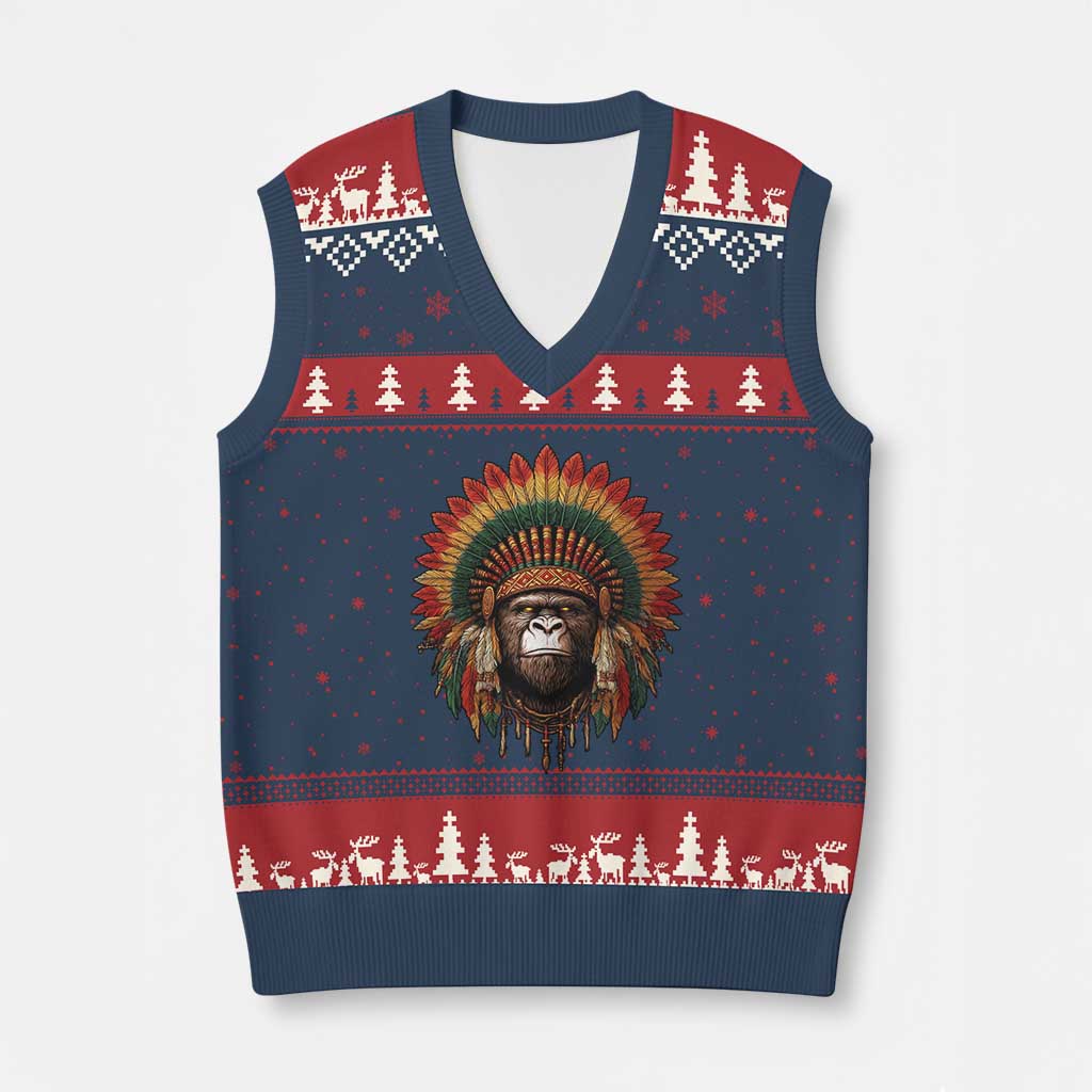 Bigfoot Native American Chief Sasquatch Wearing Headdress V-Neck Knit Sweater Vest TS11 Navy Red Print Your Wear