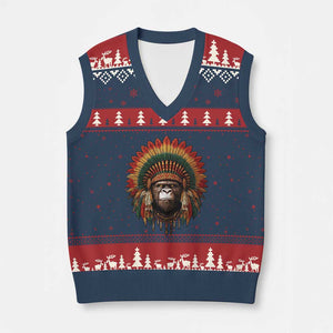 Bigfoot Native American Chief Sasquatch Wearing Headdress V-Neck Knit Sweater Vest - Print Your Wear