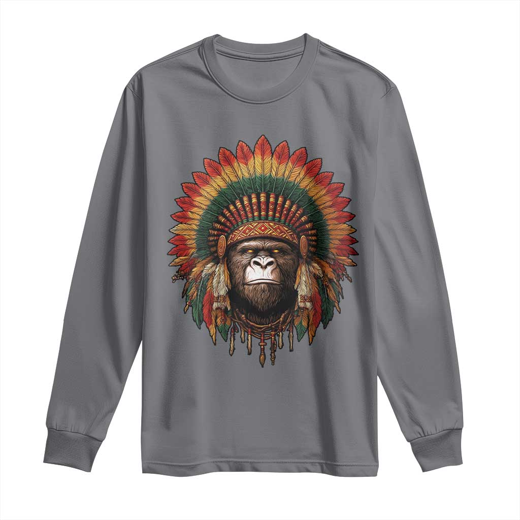 Bigfoot Native American Chief Sasquatch Wearing Headdress Long Sleeve Shirt TS11 Charcoal Print Your Wear