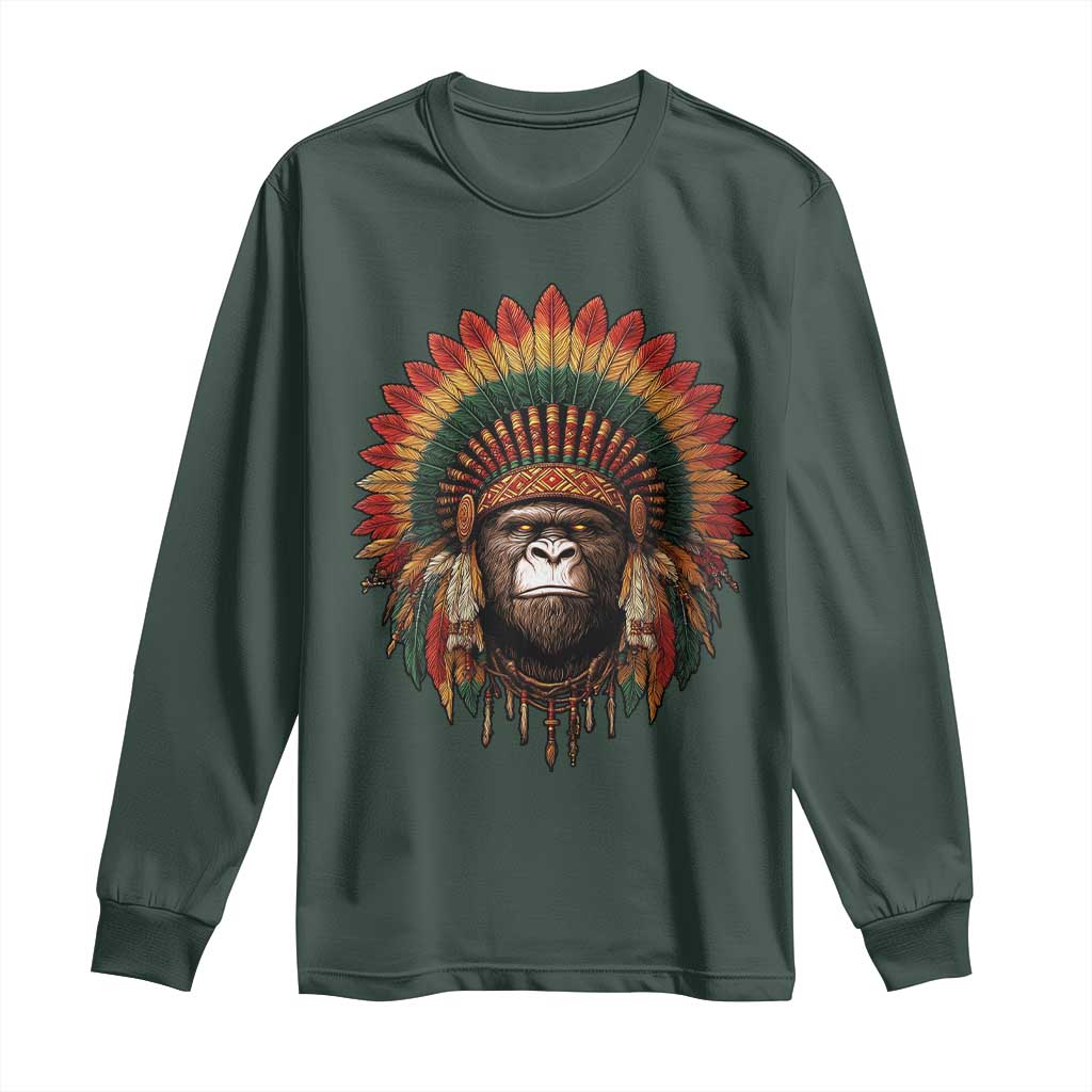 Bigfoot Native American Chief Sasquatch Wearing Headdress Long Sleeve Shirt TS11 Dark Forest Green Print Your Wear
