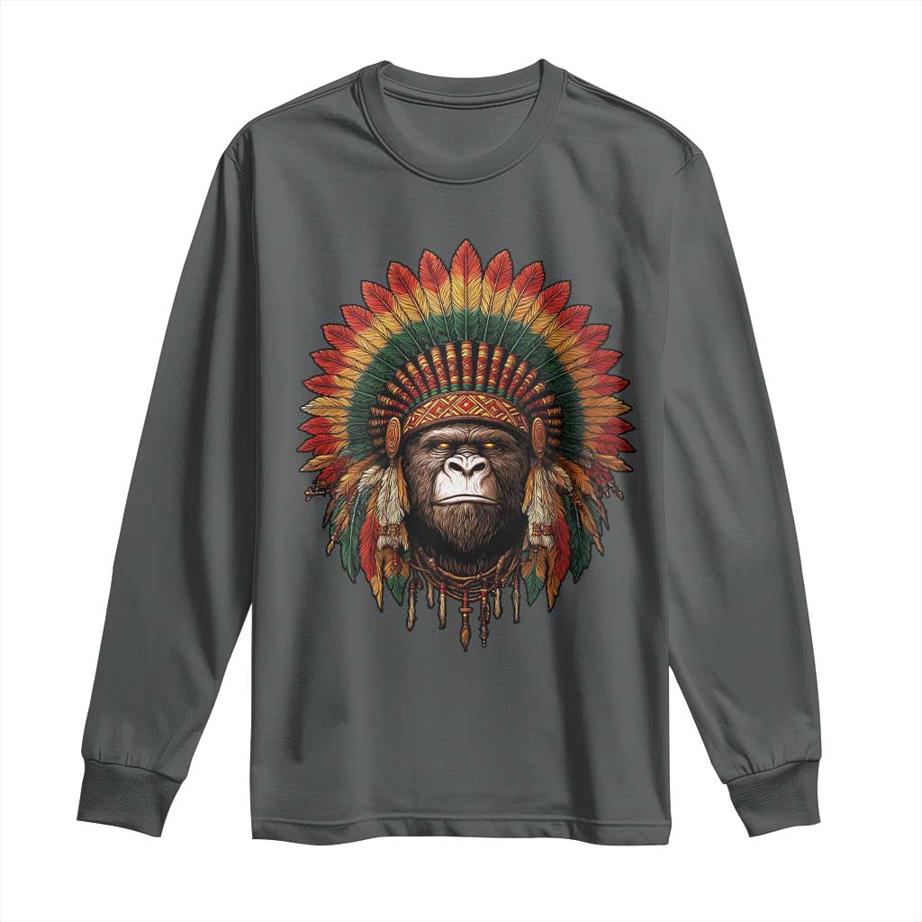 Bigfoot Native American Chief Sasquatch Wearing Headdress Long Sleeve Shirt TS11 Dark Heather Print Your Wear