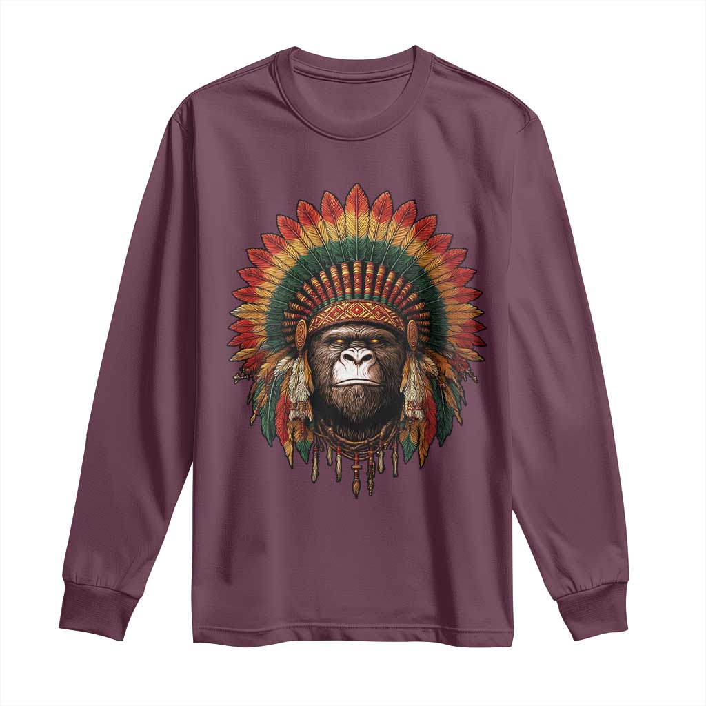 Bigfoot Native American Chief Sasquatch Wearing Headdress Long Sleeve Shirt TS11 Maroon Print Your Wear