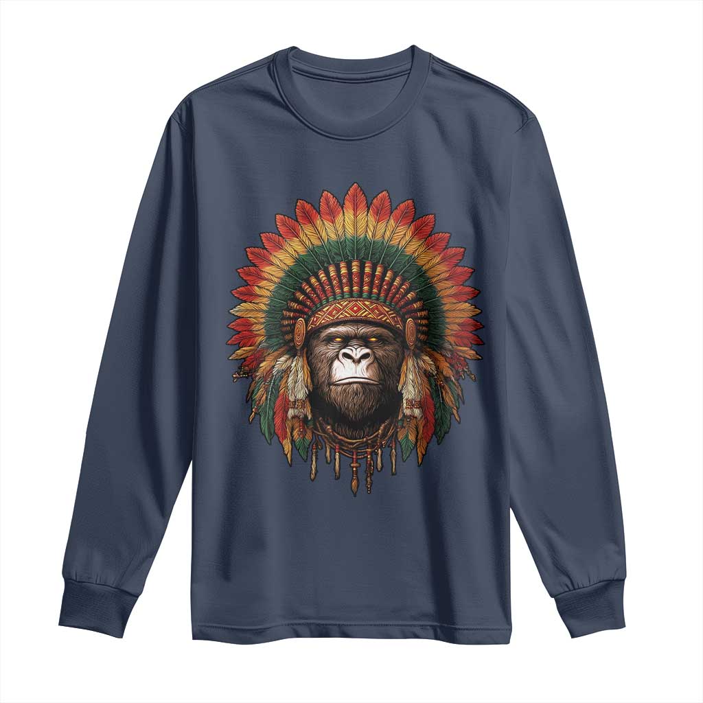 Bigfoot Native American Chief Sasquatch Wearing Headdress Long Sleeve Shirt TS11 Navy Print Your Wear