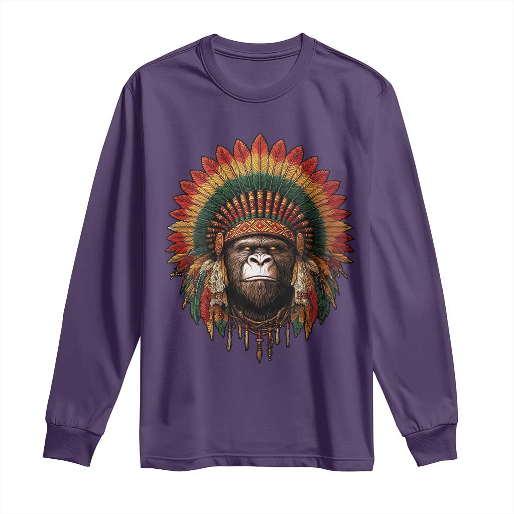 Bigfoot Native American Chief Sasquatch Wearing Headdress Long Sleeve Shirt TS11 Purple Print Your Wear