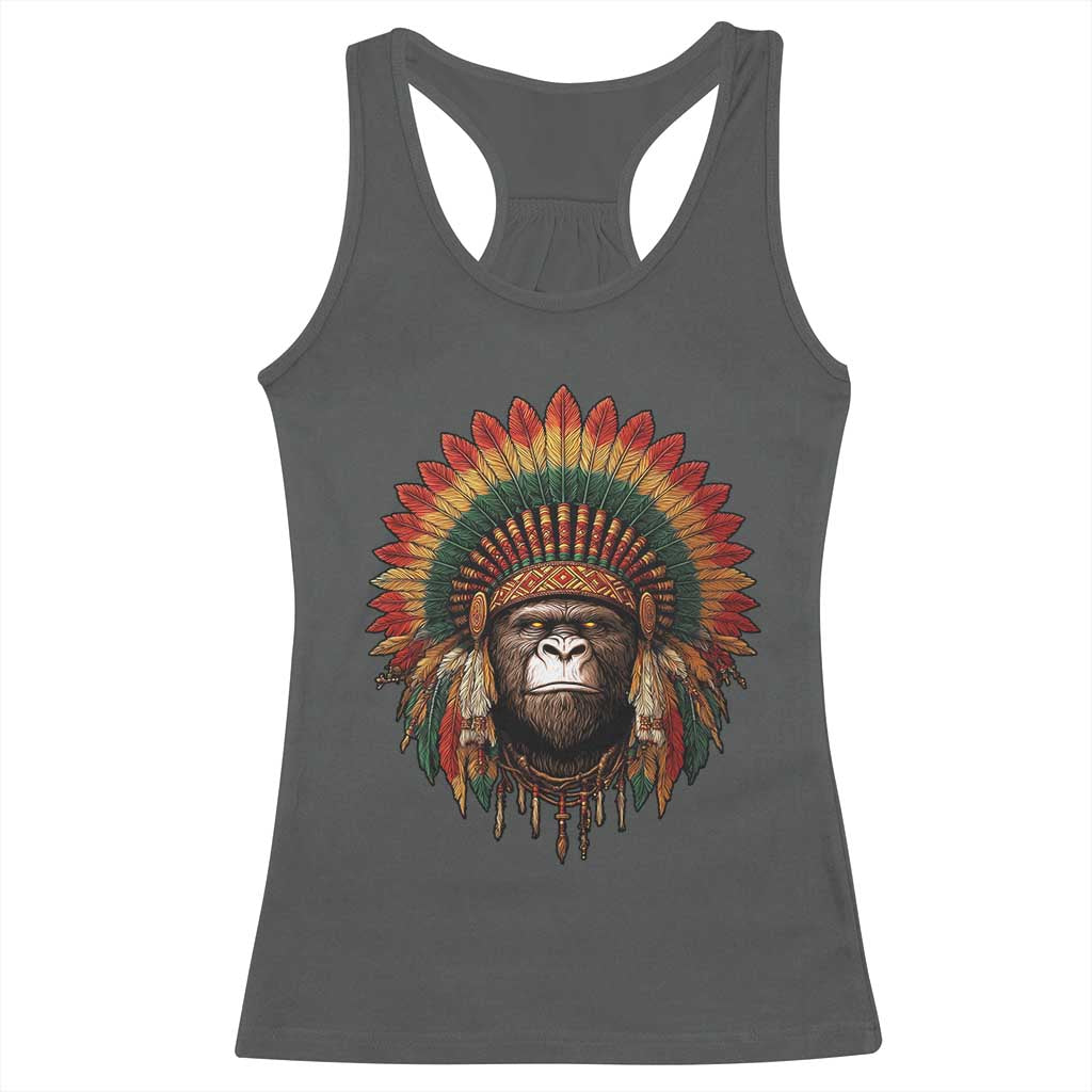 Bigfoot Native American Chief Sasquatch Wearing Headdress Racerback Tank Top TS11 Dark Heather Print Your Wear