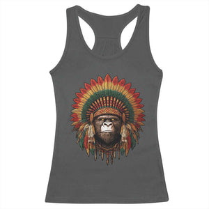 Bigfoot Native American Chief Sasquatch Wearing Headdress Racerback Tank Top TS11 Dark Heather Print Your Wear