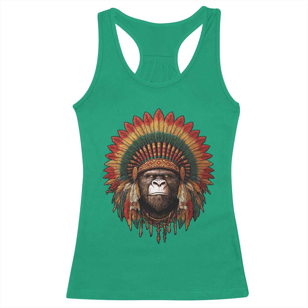 Bigfoot Native American Chief Sasquatch Wearing Headdress Racerback Tank Top TS11 Irish Green Print Your Wear