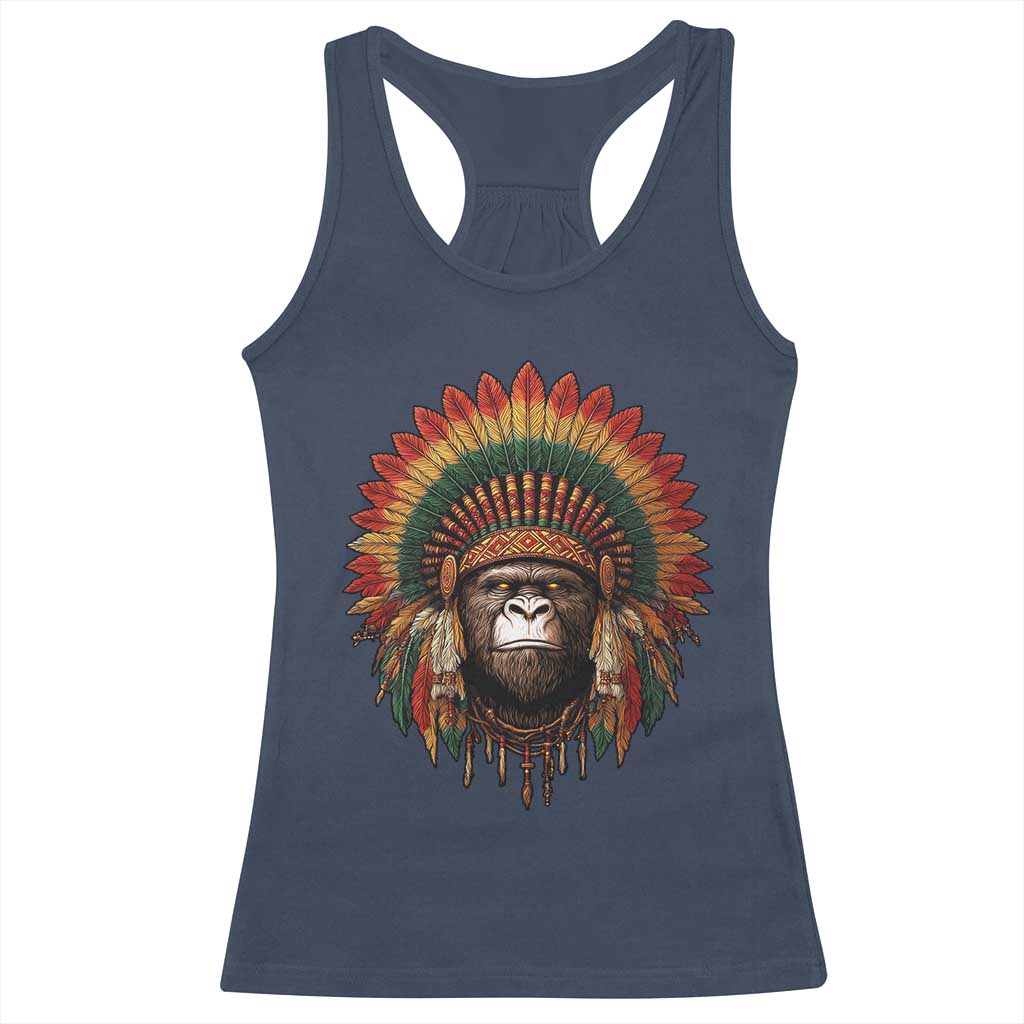 Bigfoot Native American Chief Sasquatch Wearing Headdress Racerback Tank Top TS11 Navy Print Your Wear